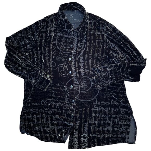 Vintage 90s Black Velvet Burnout Script Print Top Silk Blend Semi Sheer Boho L - Picture 4 of 16